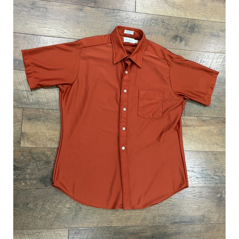 Vintage 70s Van Heusen Qiana Nylon Button Up Shirt‎ Orange 16 1/2 Large